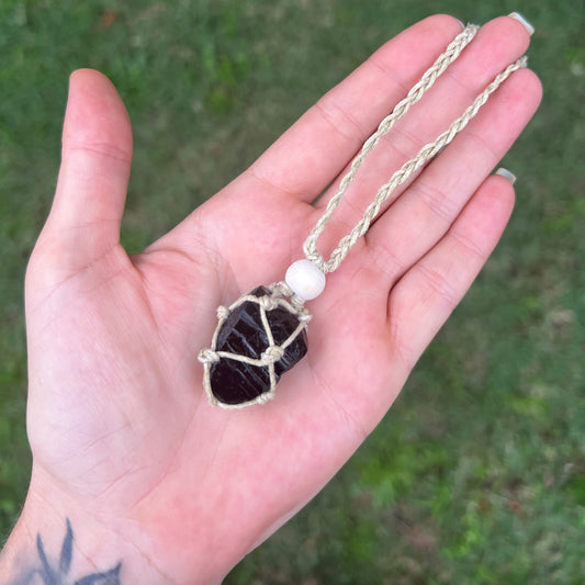 Black Tourmaline Raw Macrame Necklace